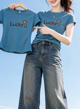 海蓝色显白短袖t恤女夏季圆领时尚显瘦Lucky印花半袖体恤衫上衣潮