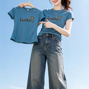 体恤衫 海蓝色显白短袖 显瘦Lucky印花半袖 圆领时尚 上衣潮 t恤女夏季