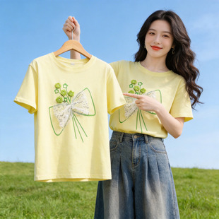 蝴蝶结高级感短袖t恤女夏季宽松体恤女装2026新款别致好看上衣服