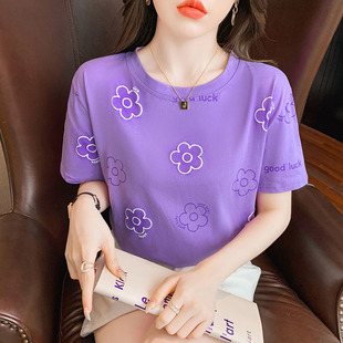 宽松花朵设计感女士上衣 正肩纯棉短袖 t恤女洋气小衫 爆款 2025新款