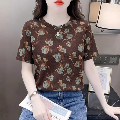 绿玫瑰印花短袖t恤女夏季圆领