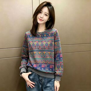 玫红民族风几何大象印花卫衣女春秋新款宽松圆领长袖复古秋季上衣
