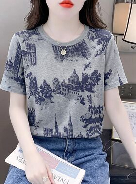 设计感小众欧式建筑短袖T恤女