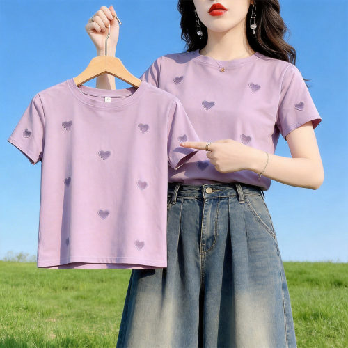 夏季女装爱心刺绣短袖女t恤新款