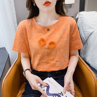 女士正肩t恤女装 刺绣半袖 纯棉短袖 2025新款 上衣 体恤夏装 圆领时尚