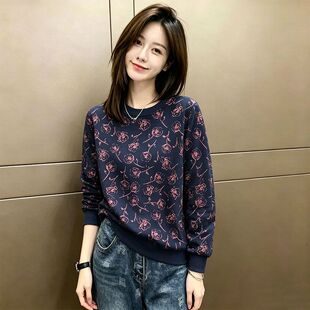藏青色花卉玫瑰卫衣女春秋款圆领宽松显瘦薄外套2026新款百搭上衣