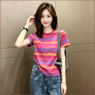 高级感晕染条纹短袖T恤女2026夏新款宽松显瘦百搭洋气好看上衣服