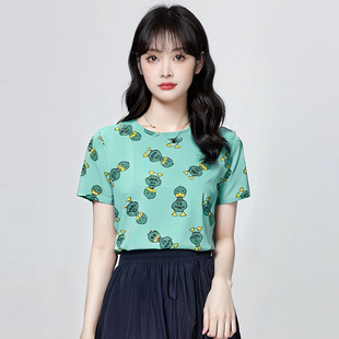2025新款 宽松正肩女士t恤时尚 女装 夏季 设计感上衣女 圆领印花短袖