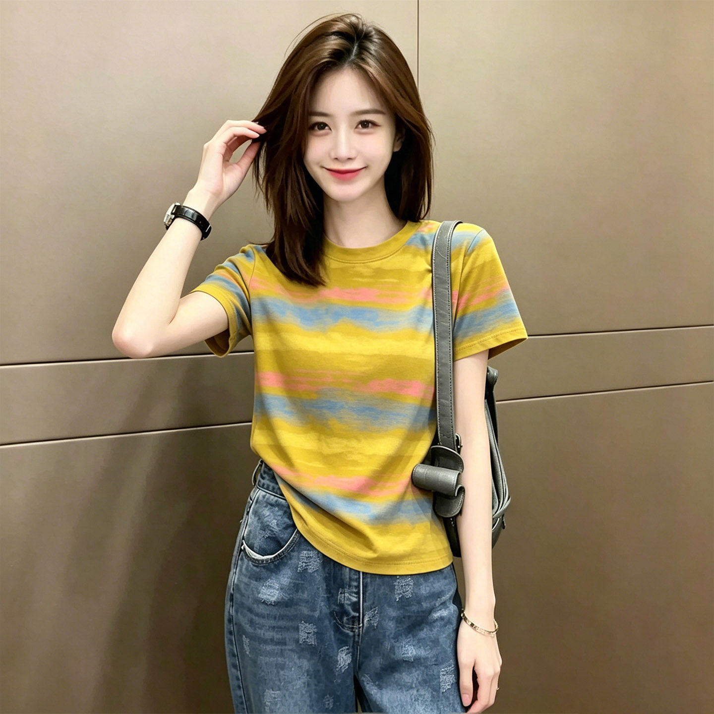 夏天短袖条纹女装宽松时尚晕染图片