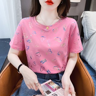 夏季 粉色短袖 t恤女爱心印花宽松港味chic上衣2025年纯棉女装 新款