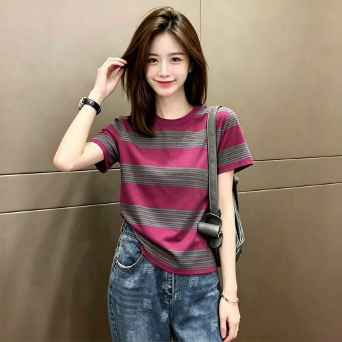 撞色条纹短袖T恤女夏季体恤女装