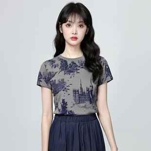 减龄百搭正肩女士t恤 印花设计感上衣女夏季 宽松短袖 女装 2025新款