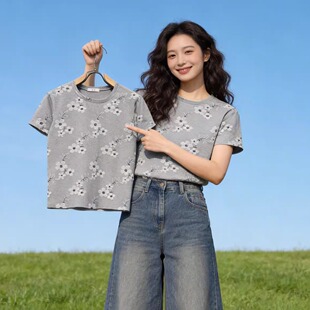夏装女装2026新款圆领短袖t恤女夏季宽松时尚印花高级好看上衣服