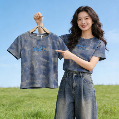 美式复古扎染短袖女宽松字母刺绣