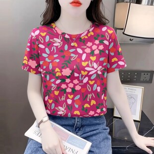 火龙果色碎花T恤女夏季2026新款宽松体恤衫百搭圆领短袖上衣女装