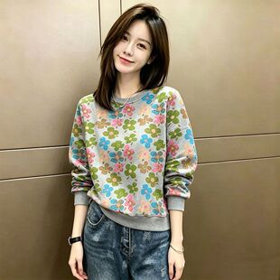 欧货圆领长袖卫衣女春秋款2026年新款女装小碎花减龄潮流秋季外套