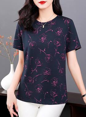休闲玫瑰花印花短袖T恤女夏季