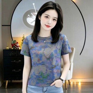 温柔文艺风印花短袖t恤女夏季百搭女装2026新款显瘦减龄款上衣服