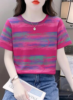 夏装短袖t恤女2026新款彩色条纹体恤夏季宽松上衣服气质流行女装