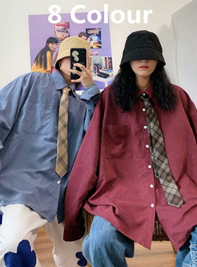 C2原创/纯色复古百搭情侣衬衫潮港风休闲宽松bf多色打底长袖衬衣