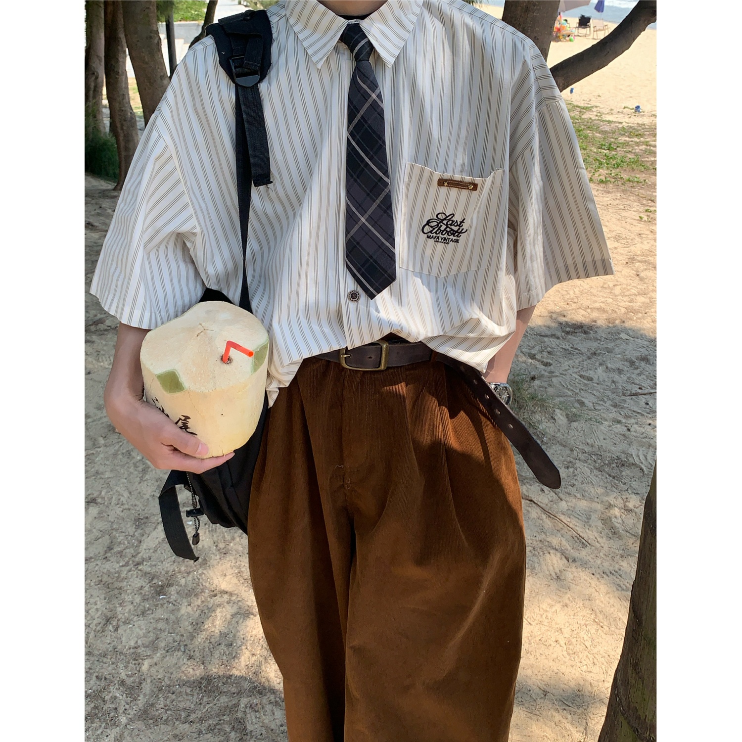 C2自制/美式复古竖条纹领带短袖衬衫女夏装宽松百搭学院风衬衣潮