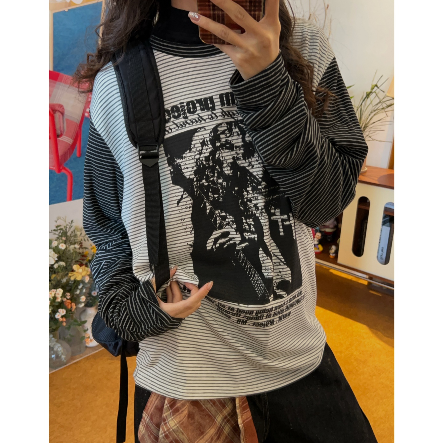 C2自制/美式复古乐队做旧印花条纹长袖T恤秋季新款打底衫上衣潮牌