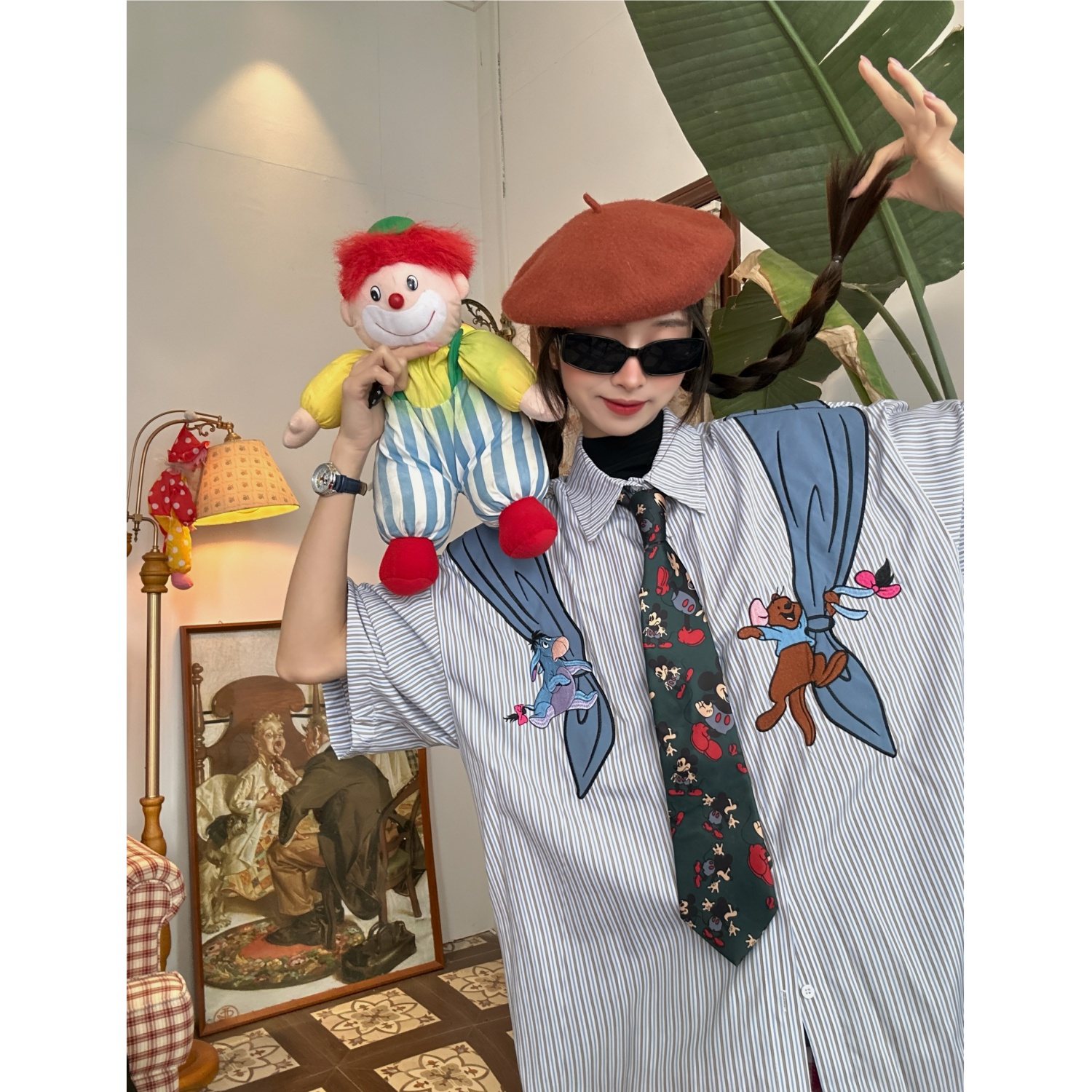 C2自制/美式复古条纹刺绣牛仔短袖衬衫vintage学院风上衣牛仔领潮