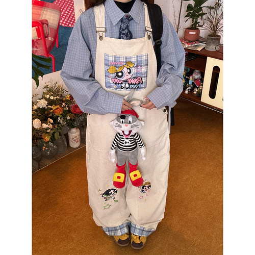 C2自制/飞天小男女同款警卡通背带裤秋季裤脚格纹拼接阔腿长裤潮