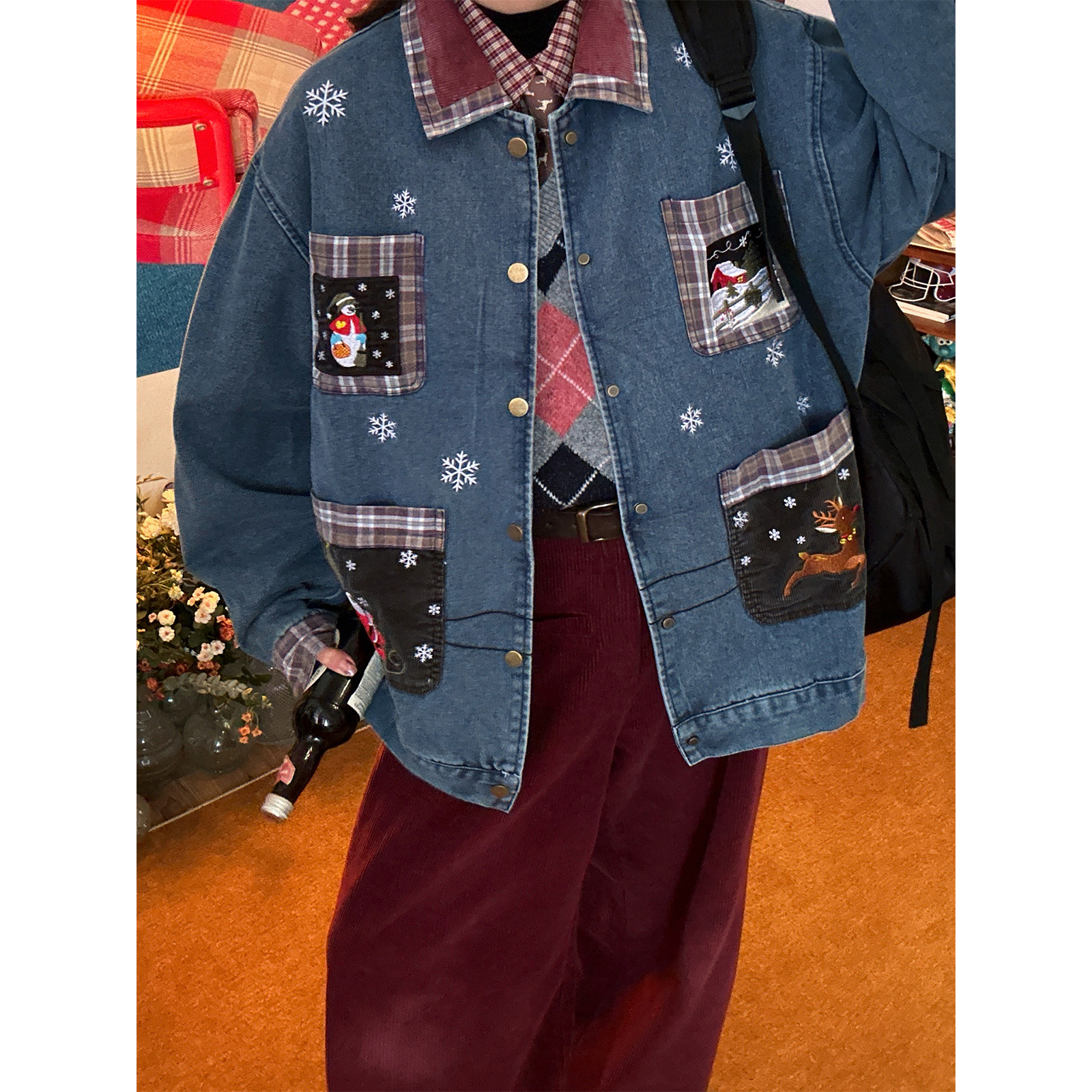 C2自制/复古重工刺绣牛仔外套男女同款秋冬新款宽松翻领夹克上衣