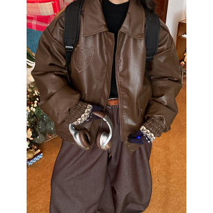 新款 复古徽章星星翻领棉服外套男女PU皮机车风冬季 潮 美式 C2自制