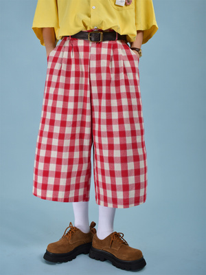 C2自制休闲半松紧格子七分裤短裤