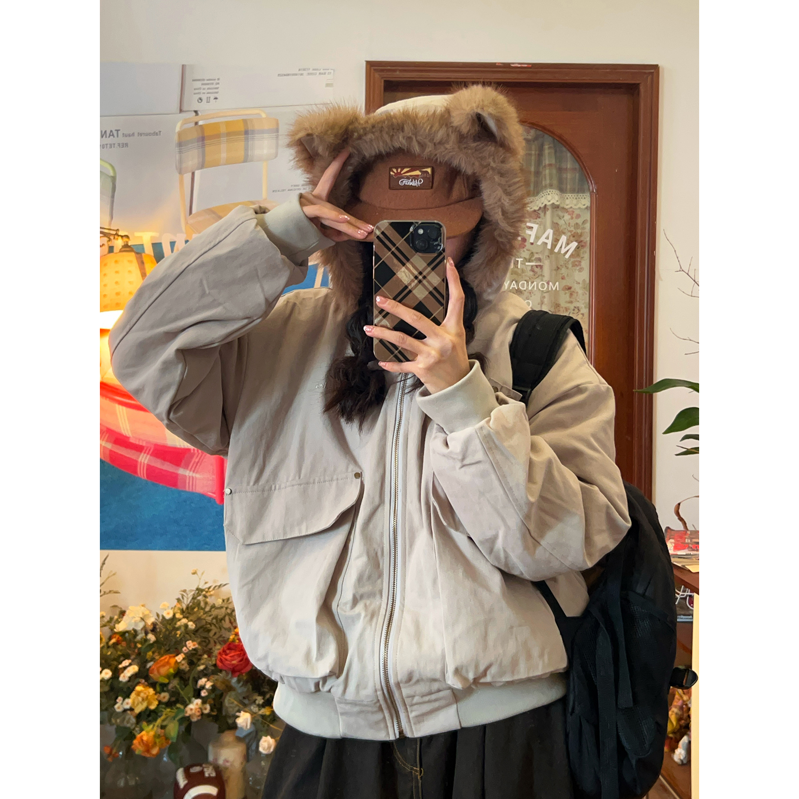 C2自制/小熊耳朵毛领连帽棉服男女秋冬新款夹棉工装夹克百搭外套