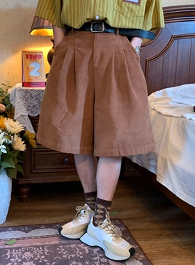 C2自制/复古灯芯绒阔腿裤子夏季新款百搭休闲宽松短裤中性直筒裤