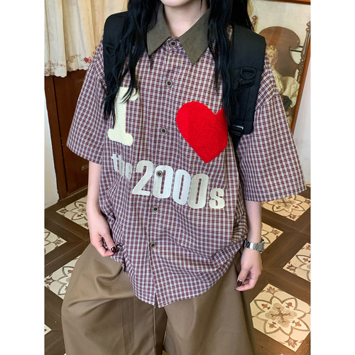 C2自制/美式复古格子短袖男女同款爱心字母印花宽松休闲衬衫上衣