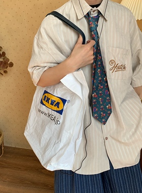 C2自制/日系复古竖条纹短袖衬衫夏装情侣港风百搭半袖慵懒衬衣ins