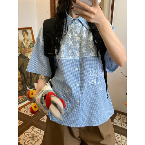 C2自制/美式复古星星刺绣格子短袖女宽松休闲学院风夏季新款衬衫
