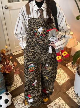 C2自制/豹纹kitty猫牛仔背带裤男女同款秋季新款宽松直筒裤长裤潮