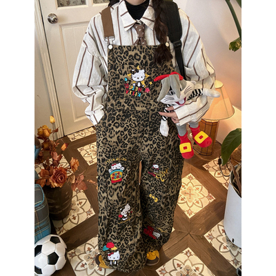 C2自制/豹纹kitty猫牛仔背带裤男女同款秋季新款宽松直筒裤长裤潮