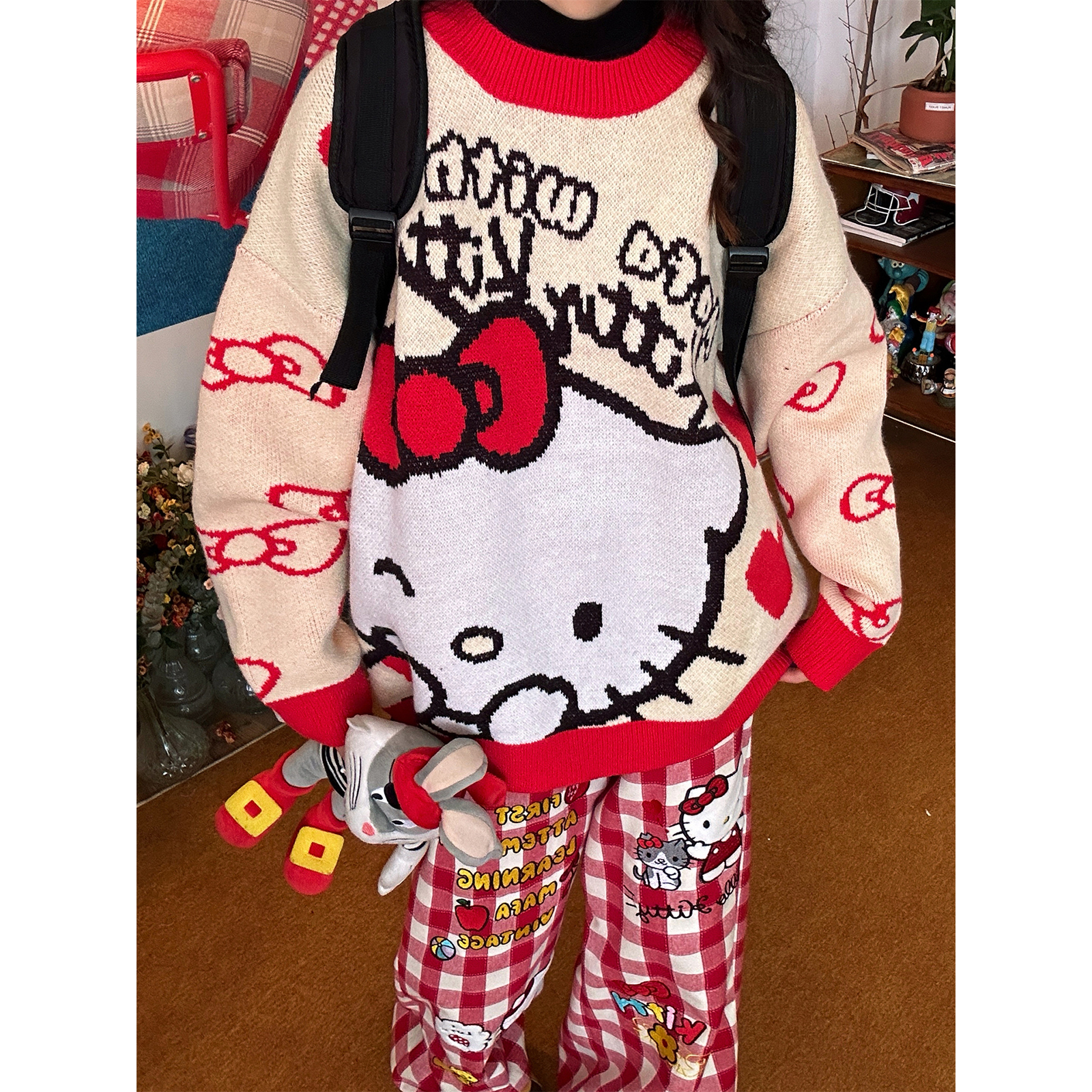 C2自制/美式复古KT猫豹纹圆领毛衣女宽松卡通套头针织衫秋冬新款