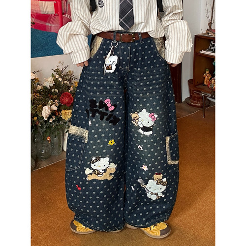 C2自制/美式卡通波点HelloKitty刺绣牛仔裤女阔腿弯刀裤春季新款