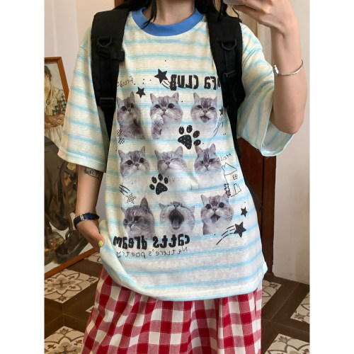 C2自制/美式复古猫咪撞色条纹短袖T恤男女同款宽松百搭休闲上衣潮