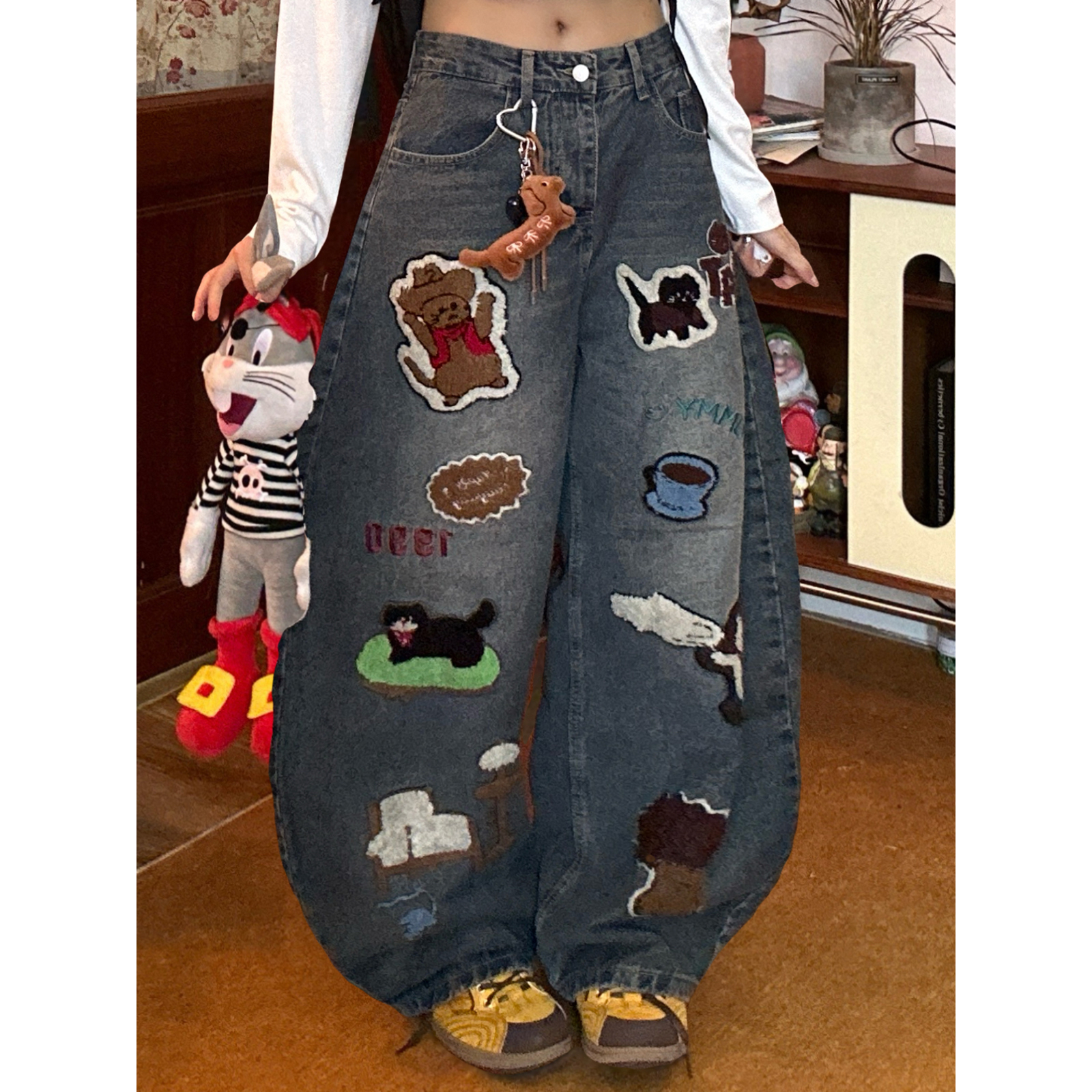 C2自制/卡通毛巾绣水洗弯刀牛仔裤男女同款秋挂件设计阔腿长裤潮