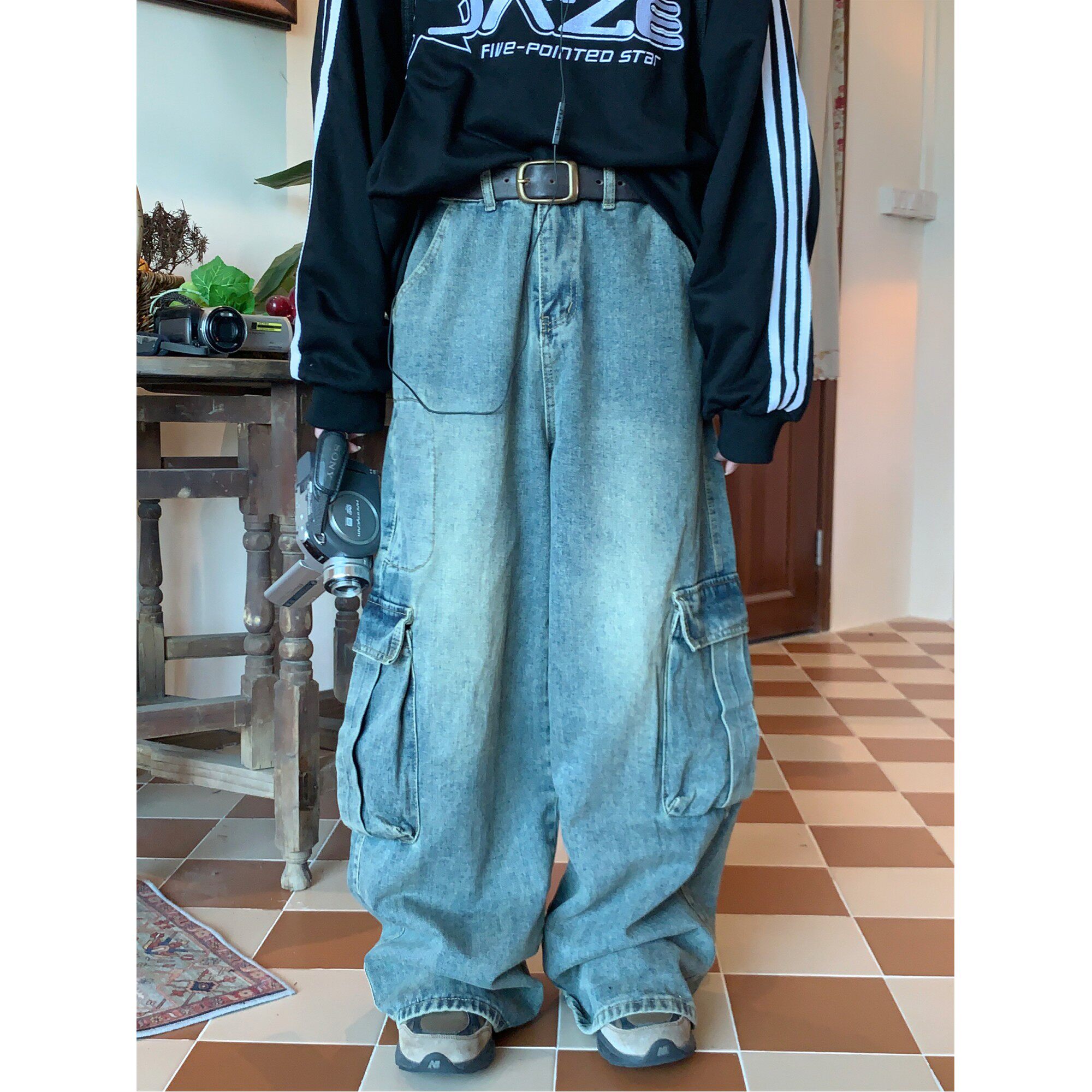 C2自制/2025秋季宽松日系复古大口袋牛仔工装裤潮牌休闲拖地长裤