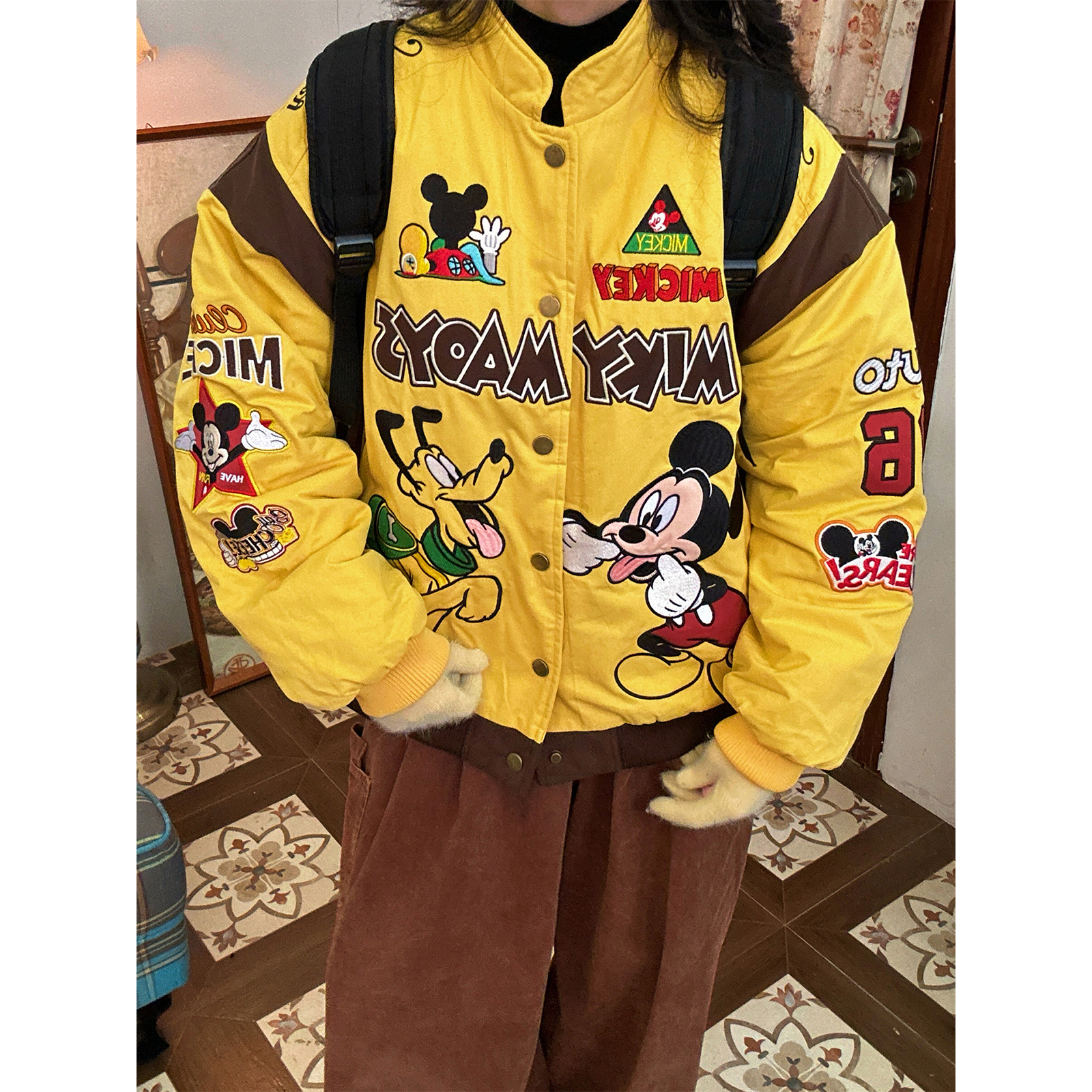 C2自制/米奇卡通刺绣棒加棉外套男女同款秋宽松休闲夹克百搭棉服