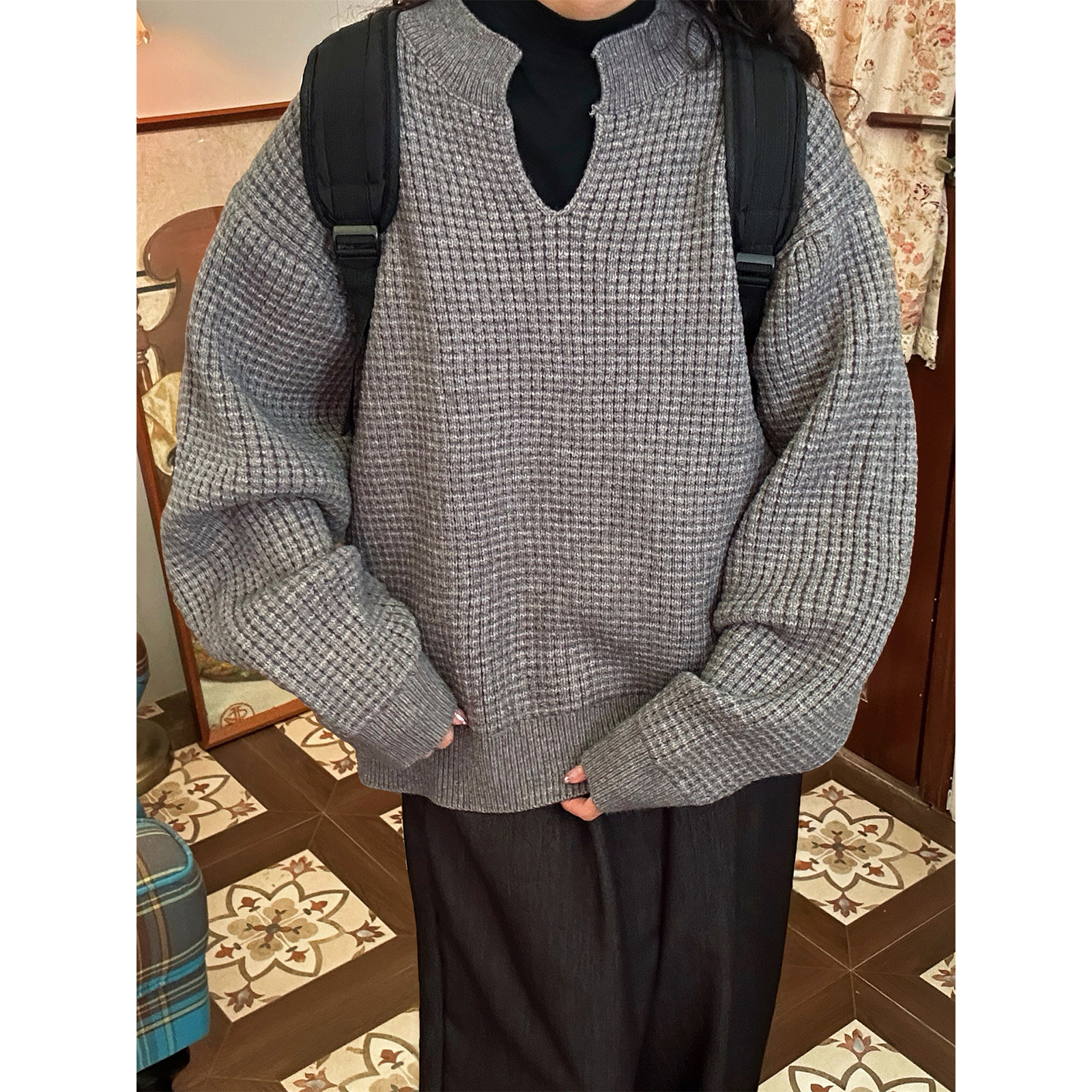 C2自制/华夫格v领毛衣男女同款秋冬新款慵懒风宽松休闲针织衫潮