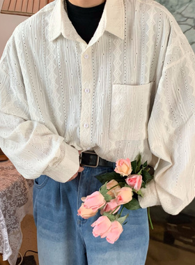 C2自制/法式复古镂空长袖衬衫秋季慵懒风小众设计感宽松潮流衬衣