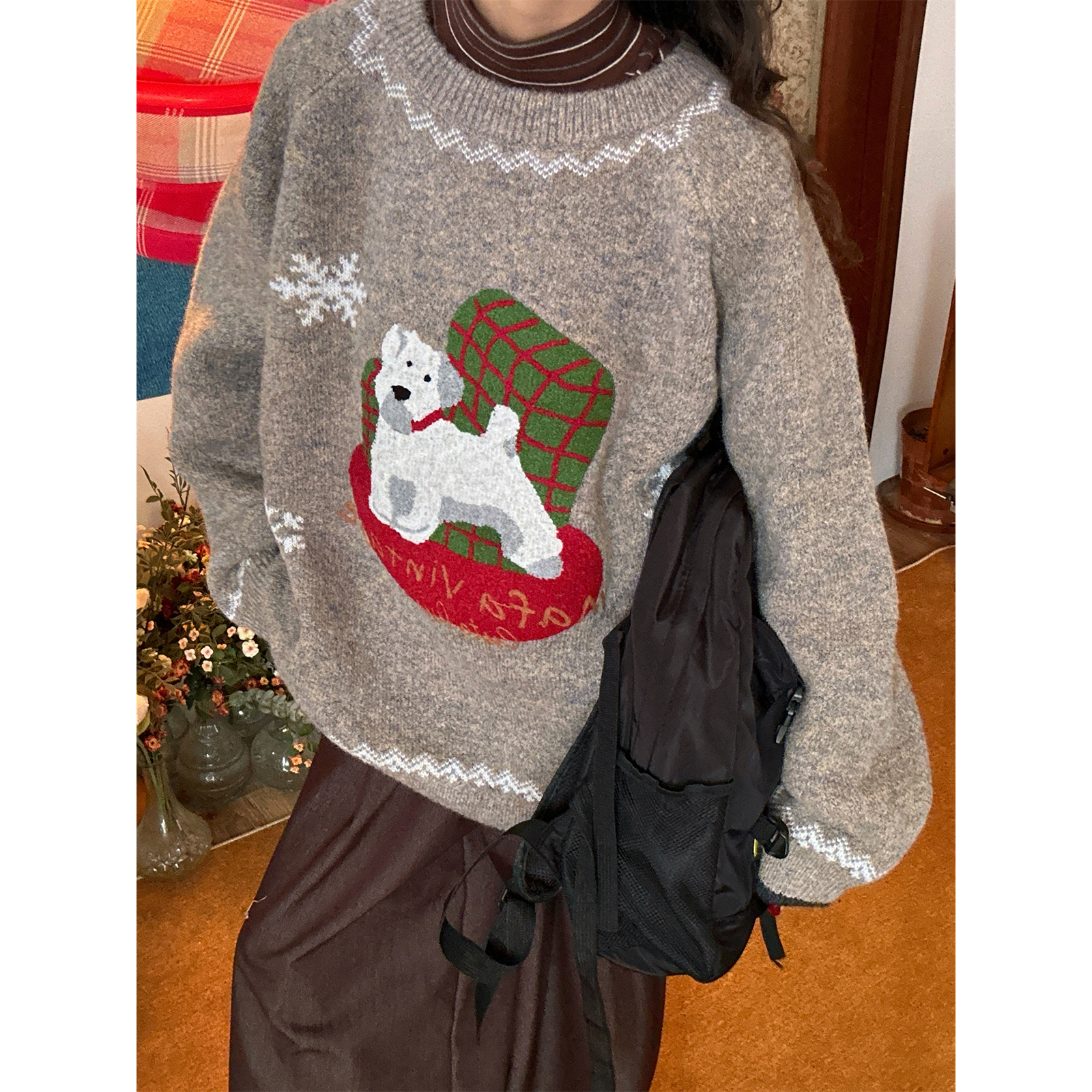 C2自制/小狗雪花圆领毛衣男女美式复古秋冬软糯宽松百搭慵懒上衣