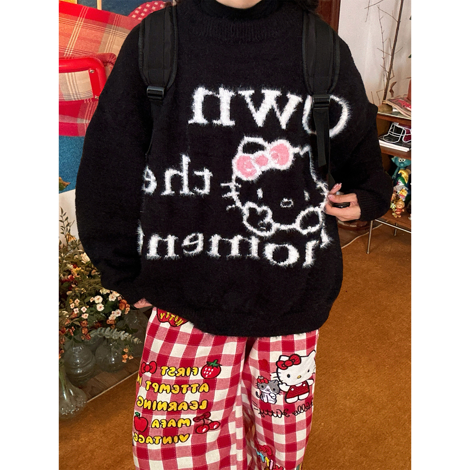 C2自制/Kitty猫提花圆领套头毛衣男女同款秋冬款慵懒软糯针织上衣