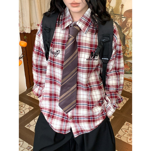 C2自制/美式复古翻领撞色格子衬衫男女同款秋长袖宽松学院风上衣