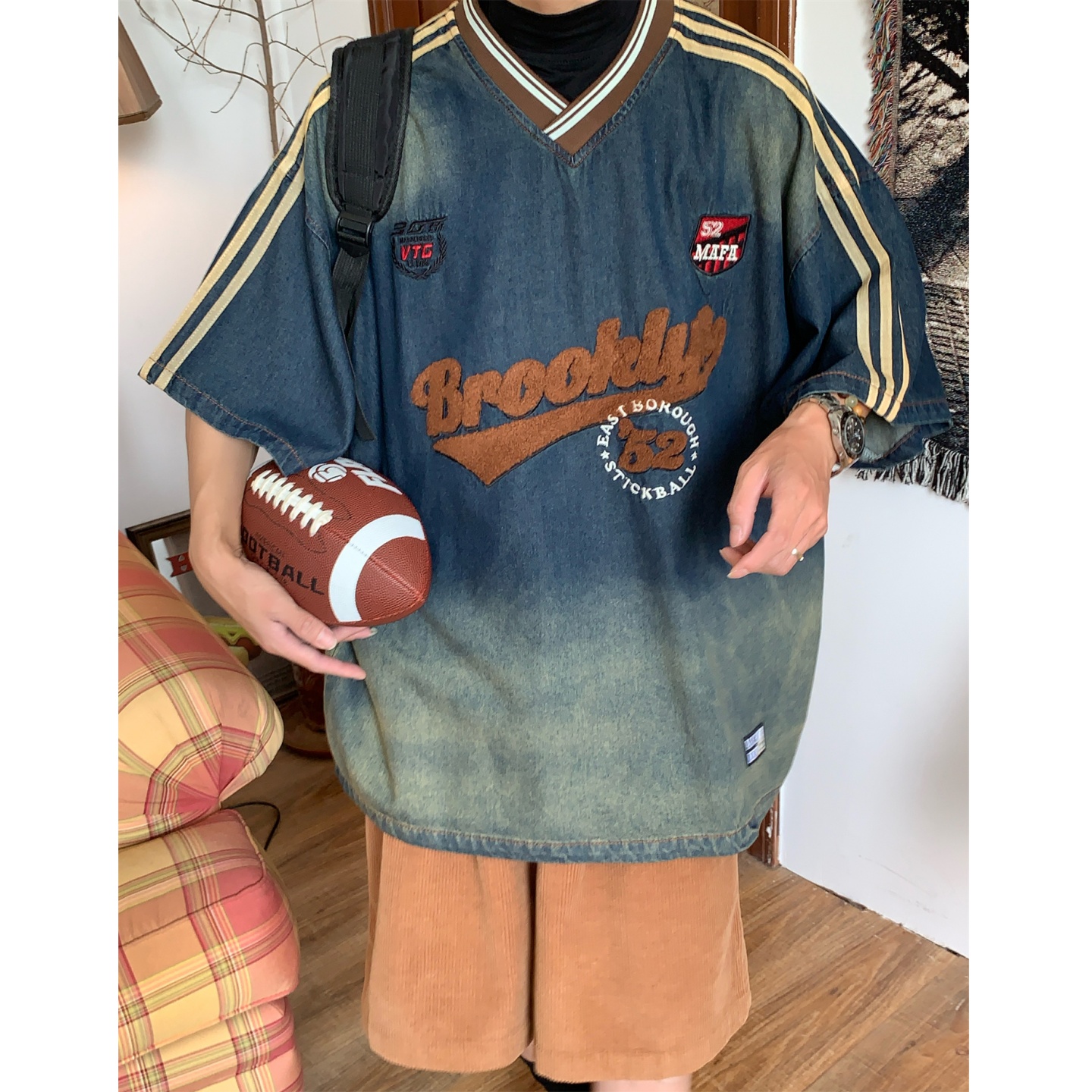 C2自制/美式复古毛巾绣字母牛仔短袖T恤女夏季宽松V领棒球上衣潮